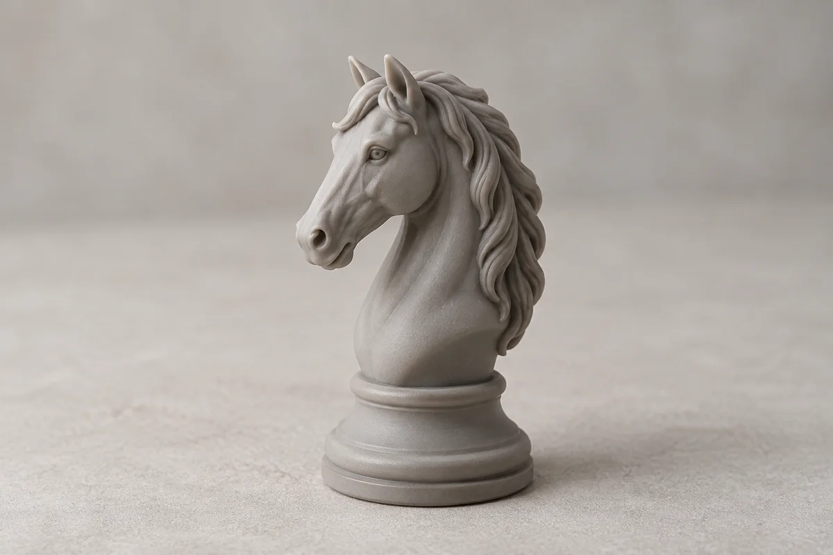 Resin chess knight showing fine features and surface texture